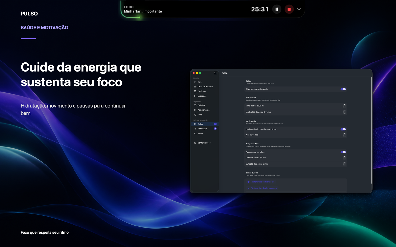 Tela Energia do Pulso com acompanhamento de equilíbrio e ritmo