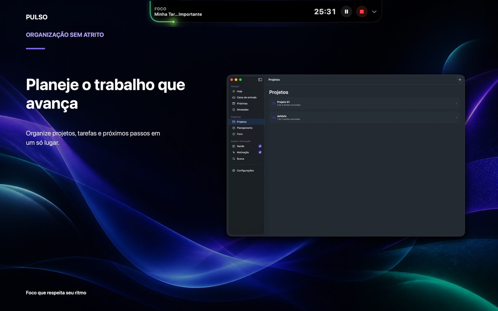 Tela Projetos do Pulso com tarefas agrupadas por projeto